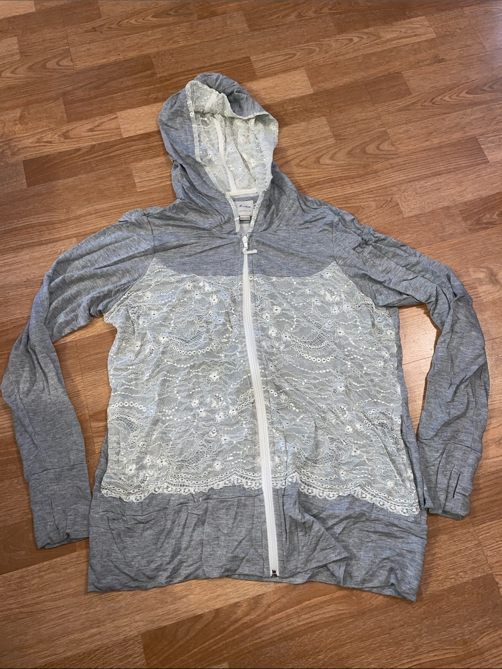 Evy's Tree Grey Zip Up Luxury Hoodie Cream Lace Overlay Boho 1X